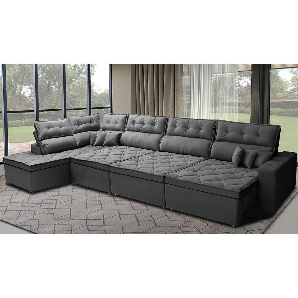 Sofá de Canto 4,80x2,36m Retrátil e Reclinável com Molas Cama inBox Platinum Esquerdo Suede Cinza - 1