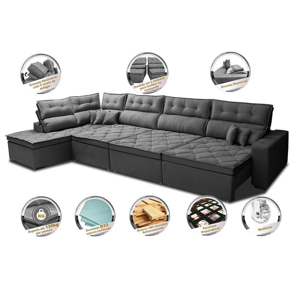 Sofá de Canto 4,80x2,36m Retrátil e Reclinável com Molas Cama inBox Platinum Esquerdo Suede Cinza - 3