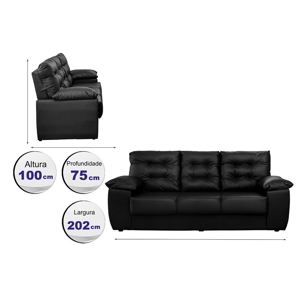 Sofá Luxemburgo 3 Lugares 2,02m Tecido Courino Preto - 2