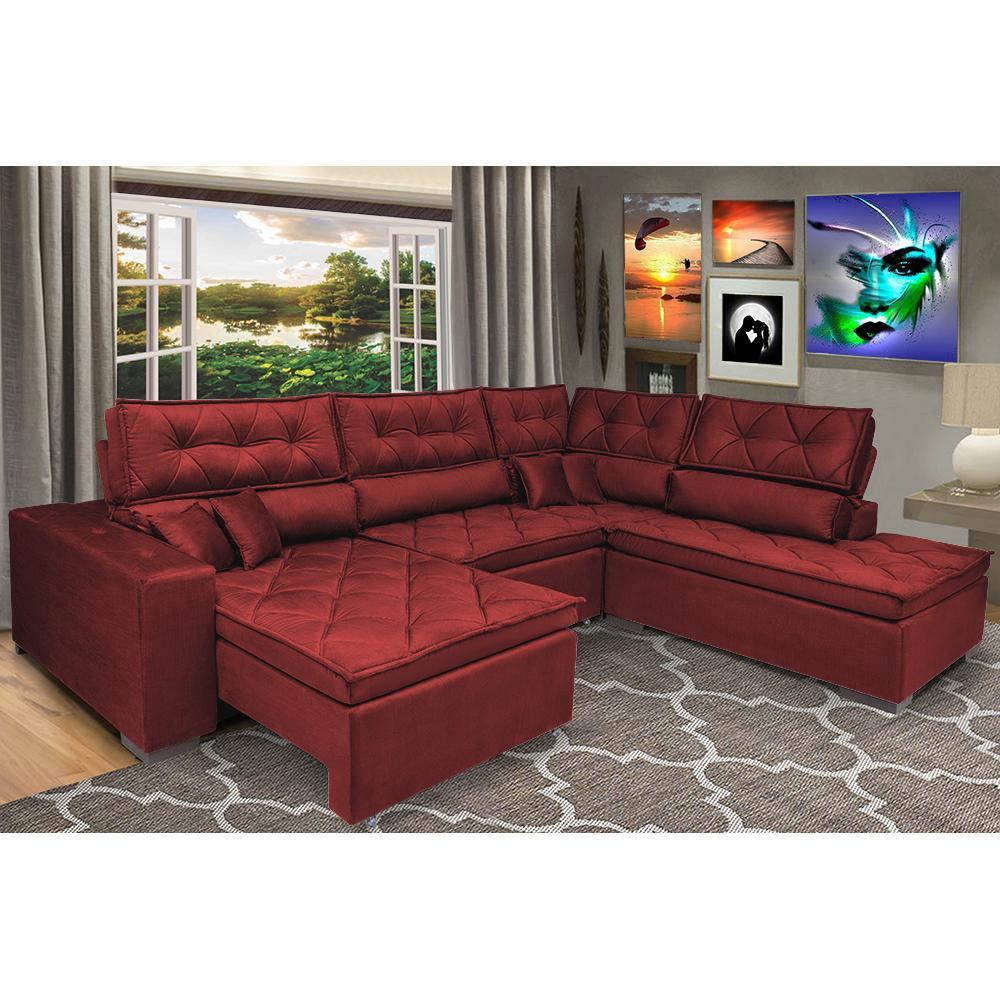 Sofá de Canto Retrátil e Reclinável com Molas Cama inBox Platinum 3,40x2,36 Tecido Suede Vermelho - 1