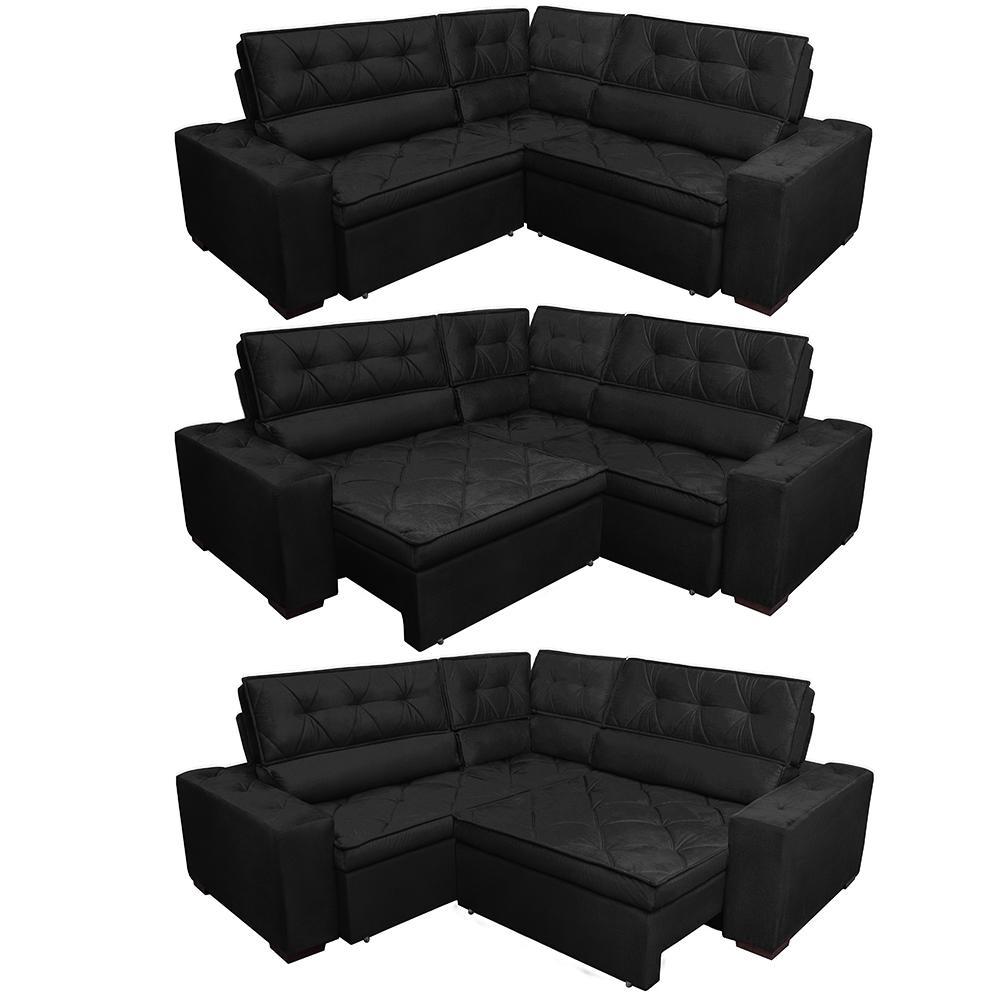 Sofá de Canto Retrátil, Reclinável, Molas Cama inBox Austin 2,30m x 2,30m Suede Velusoft Preto - 7
