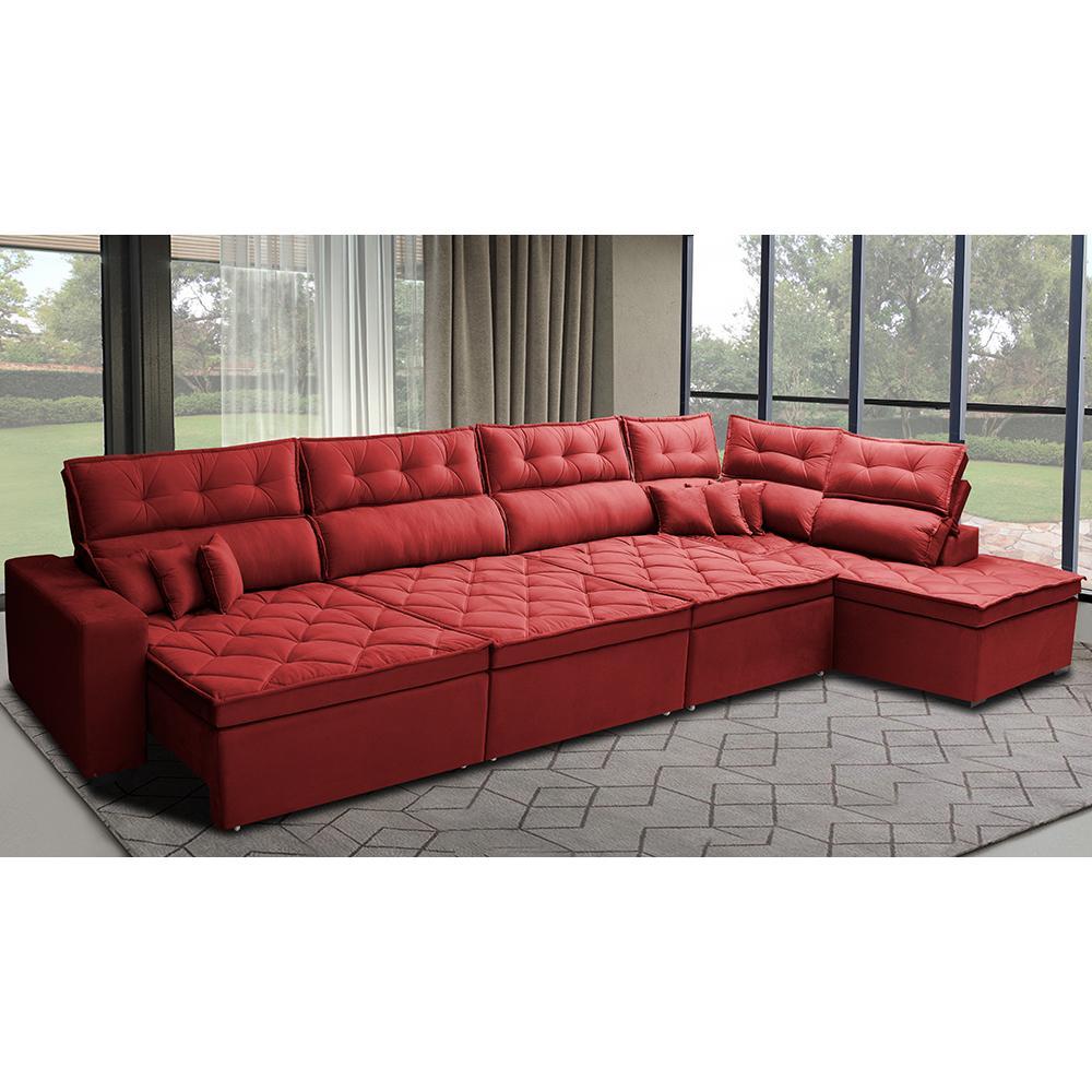 Sofá de Canto 4,80x2,36m Retrátil e Reclinável com Molas Cama inBox Platinum Direito Suede Vermelho - 1