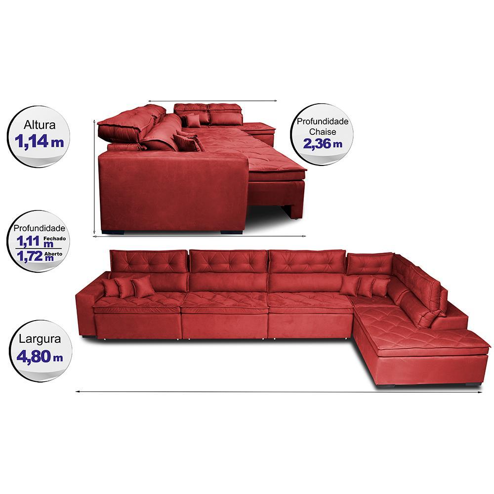 Sofá de Canto 4,80x2,36m Retrátil e Reclinável com Molas Cama inBox Platinum Direito Suede Vermelho - 2