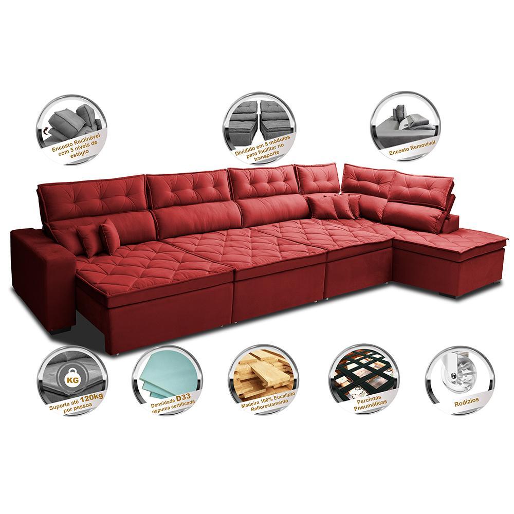 Sofá de Canto 4,80x2,36m Retrátil e Reclinável com Molas Cama inBox Platinum Direito Suede Vermelho - 3