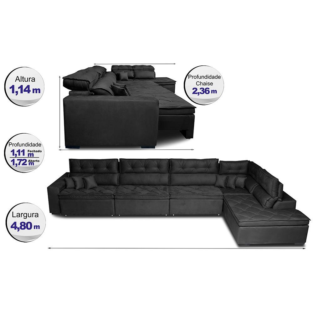 Sofá de Canto 4,80x2,36m Retrátil e Reclinável com Molas Cama inBox Platinum Direito Suede Preto - 2