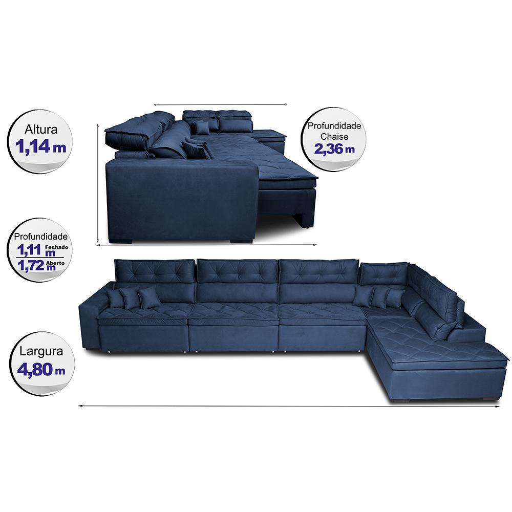 Sofá de Canto 4,80x2,36m Retrátil e Reclinável com Molas Cama inBox Platinum Direito Suede Azul - 2