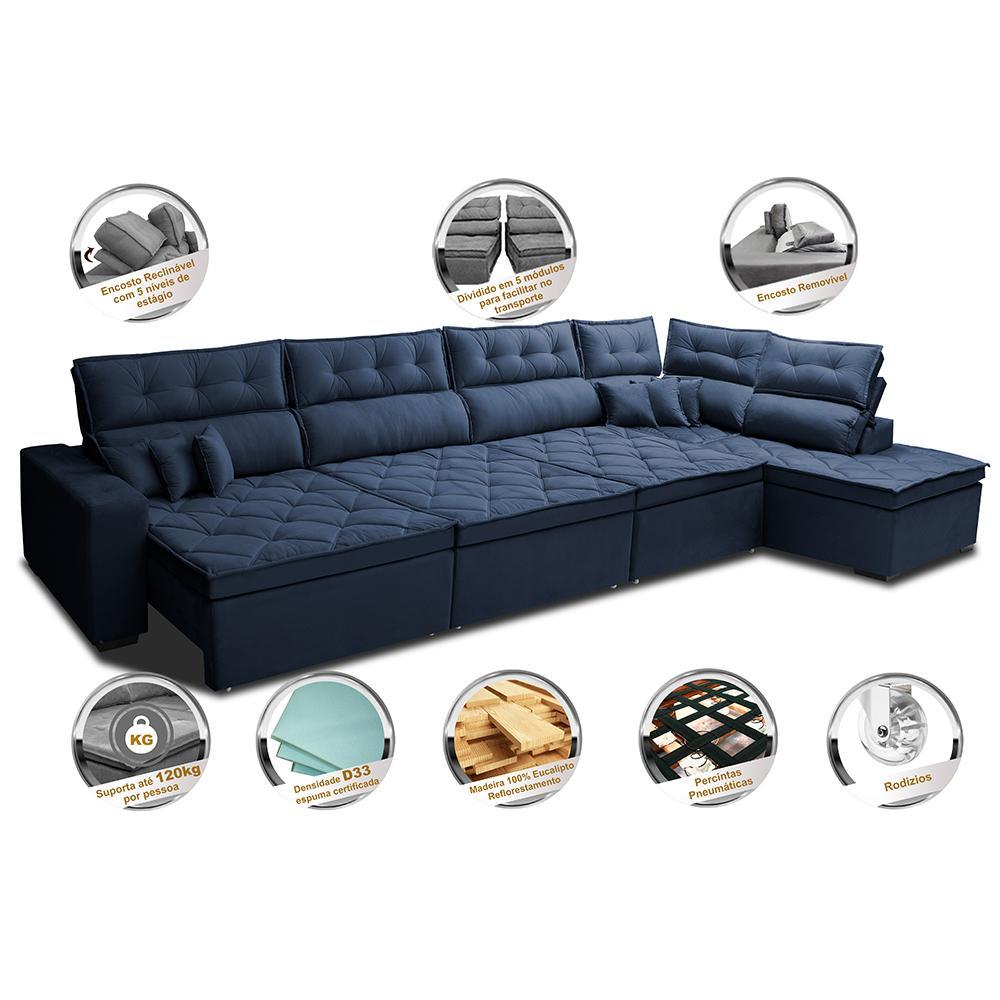 Sofá de Canto 4,80x2,36m Retrátil e Reclinável com Molas Cama inBox Platinum Direito Suede Azul - 3