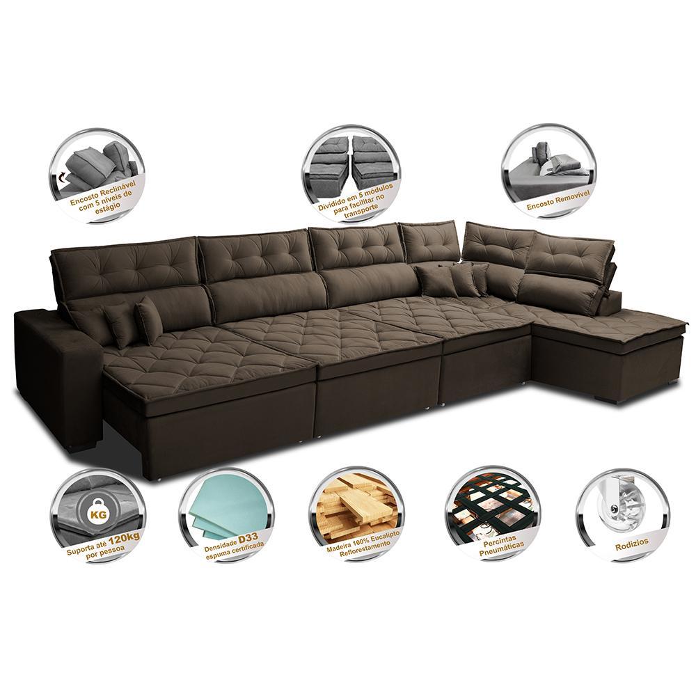 Sofá de Canto 4,80x2,36m Retrátil e Reclinável com Molas Cama inBox Platinum Direito Suede Café - 3