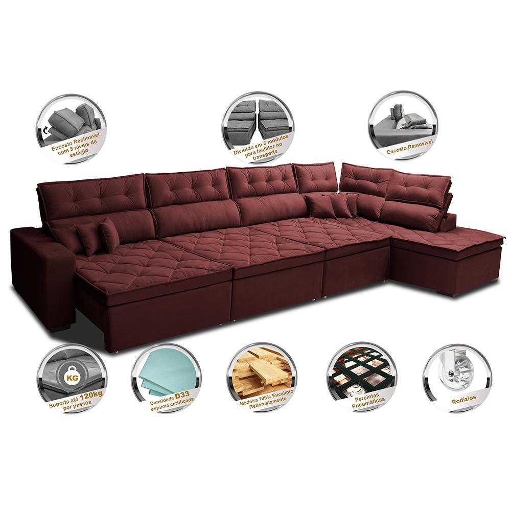 Sofá de Canto 4,80x2,36m Retrátil e Reclinável com Molas Cama inBox Platinum Direito Suede Vinho - 3