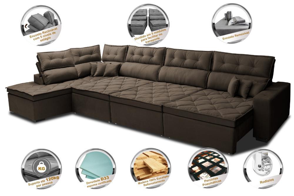 Sofá de Canto 4,80x2,36m Retrátil e Reclinável com Molas Cama inBox Platinum Esquerdo Suede Café - 3