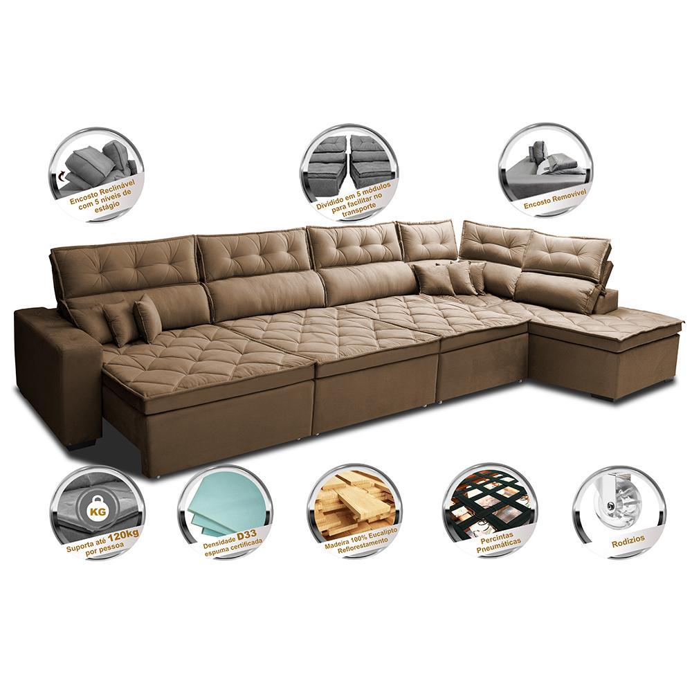 Sofá de Canto 4,80x2,36m Retrátil e Reclinável com Molas Cama inBox Platinum Direito Suede Castor - 3