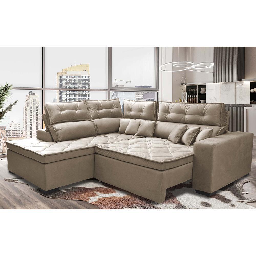 Sofá de Canto 2,60x2,36m Retrátil e Reclinável com Molas Cama inBox Platinum Esquerdo Suede Bege - 1