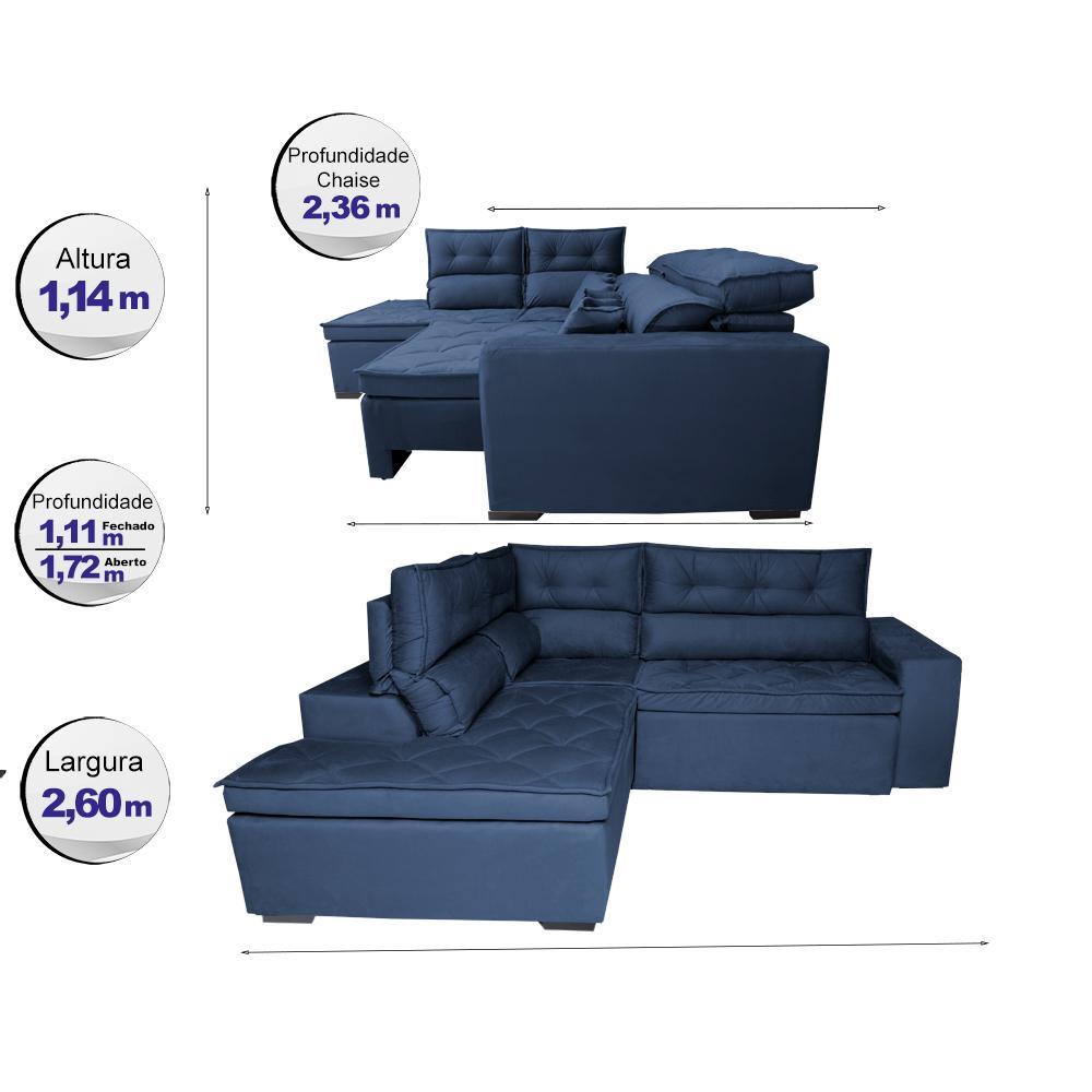 Sofá de Canto 2,60x2,36m Retrátil e Reclinável com Molas Cama inBox Platinum Esquerdo Suede Azul - 2