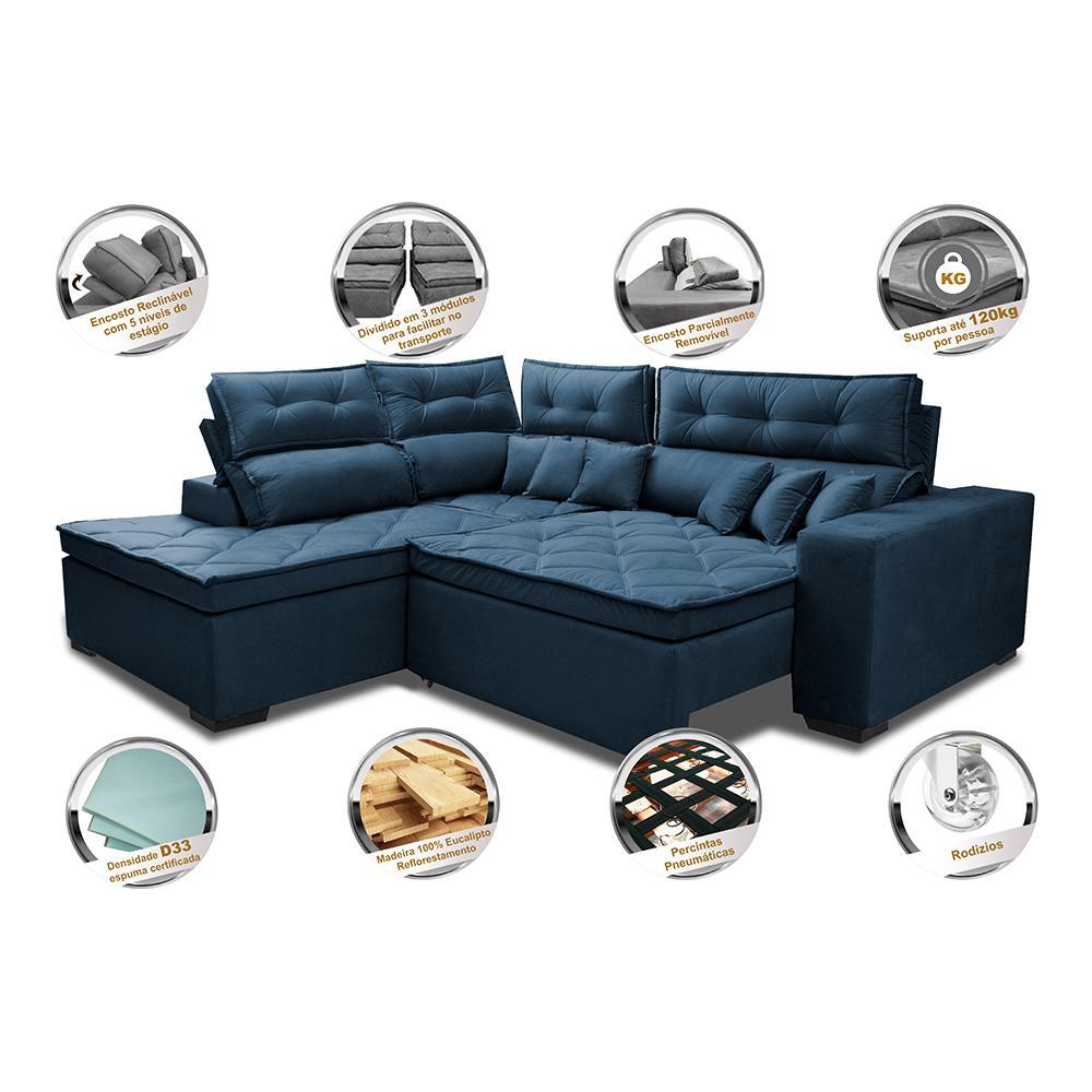 Sofá de Canto 2,60x2,36m Retrátil e Reclinável com Molas Cama inBox Platinum Esquerdo Suede Azul - 3