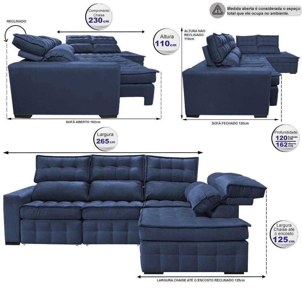 Sofá de Canto Direito 2,65x2,30m Retrátil e Reclinável com Molas Ensacadas Cama inBox Nobre Azul - 2