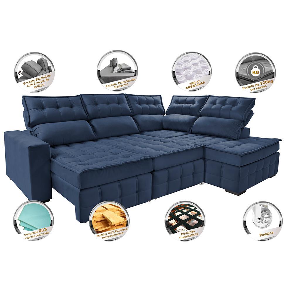 Sofá de Canto Direito 2,65x2,30m Retrátil e Reclinável com Molas Ensacadas Cama inBox Nobre Azul - 3