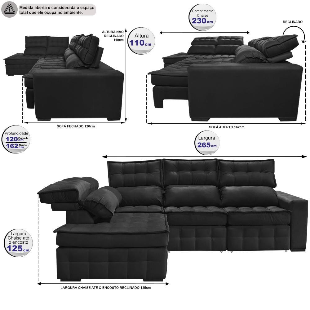 Sofá de Canto Esquerdo 2,65x2,30m Retrátil e Reclinável com Molas Ensacadas Cama inBox Nobre Preto - 3