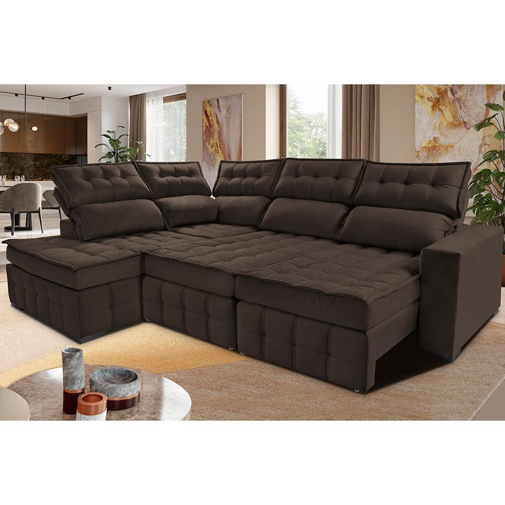 Sofá de Canto Esquerdo 2,65x2,30m Retrátil e Reclinável com Molas Ensacadas Cama inBox Nobre Café - 1
