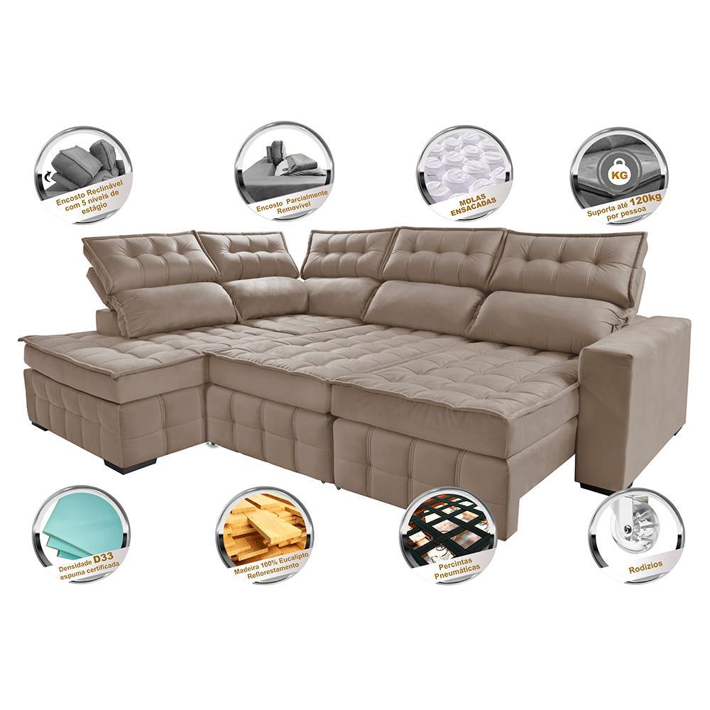 Sofá de Canto Esquerdo 2,65x2,30m Retrátil e Reclinável com Molas Ensacadas Cama inBox Nobre Bege - 5
