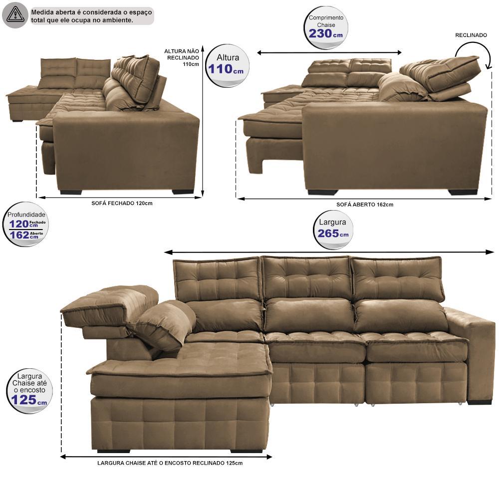 Sofá de Canto Esquerdo 2,65x2,30m Retrátil e Reclinável com Molas Ensacadas Cama inBox Nobre Castor - 3