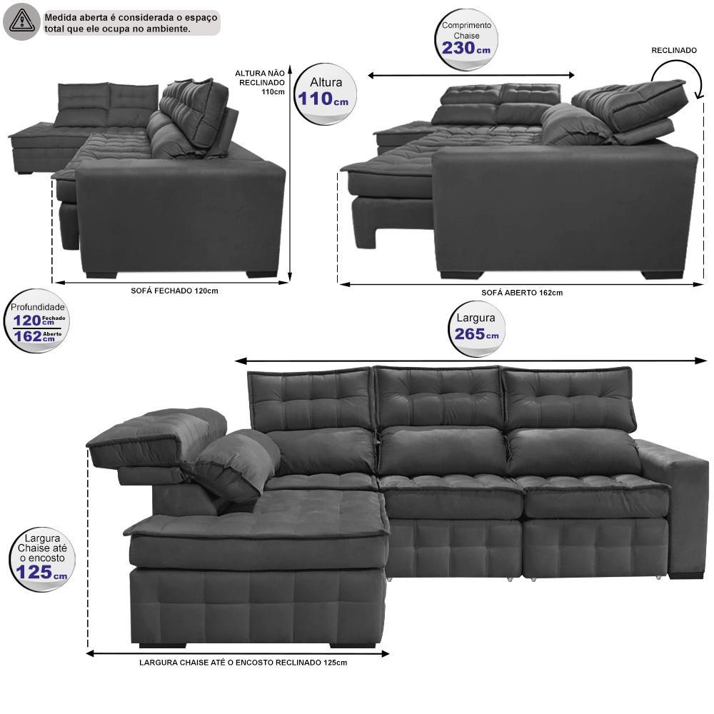 Sofá de Canto Esquerdo 2,65x2,30m Retrátil e Reclinável com Molas Ensacadas Cama inBox Nobre Cinza - 2