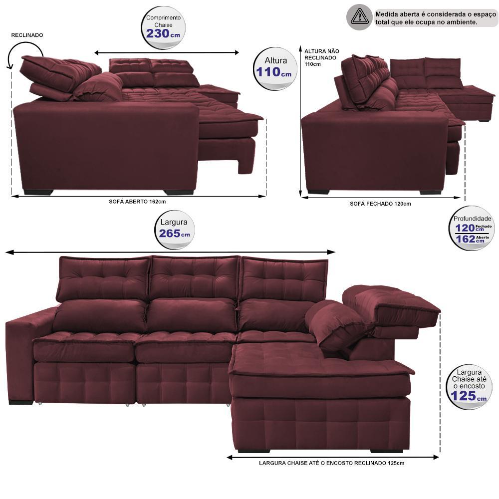 Sofá de Canto Direito 2,65x2,30m Retrátil e Reclinável com Molas Ensacadas Cama inBox Nobre Vinho - 2