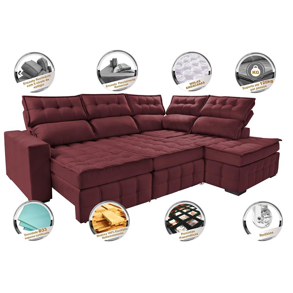 Sofá de Canto Direito 2,65x2,30m Retrátil e Reclinável com Molas Ensacadas Cama inBox Nobre Vinho - 3