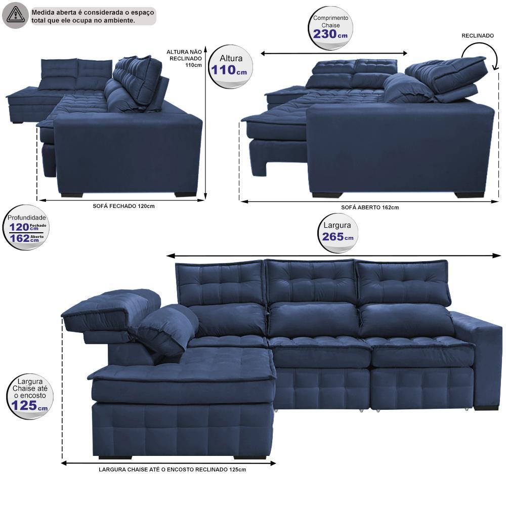 Sofá de Canto Esquerdo 2,65x2,30m Retrátil e Reclinável com Molas Ensacadas Cama inBox Nobre Azul - 2