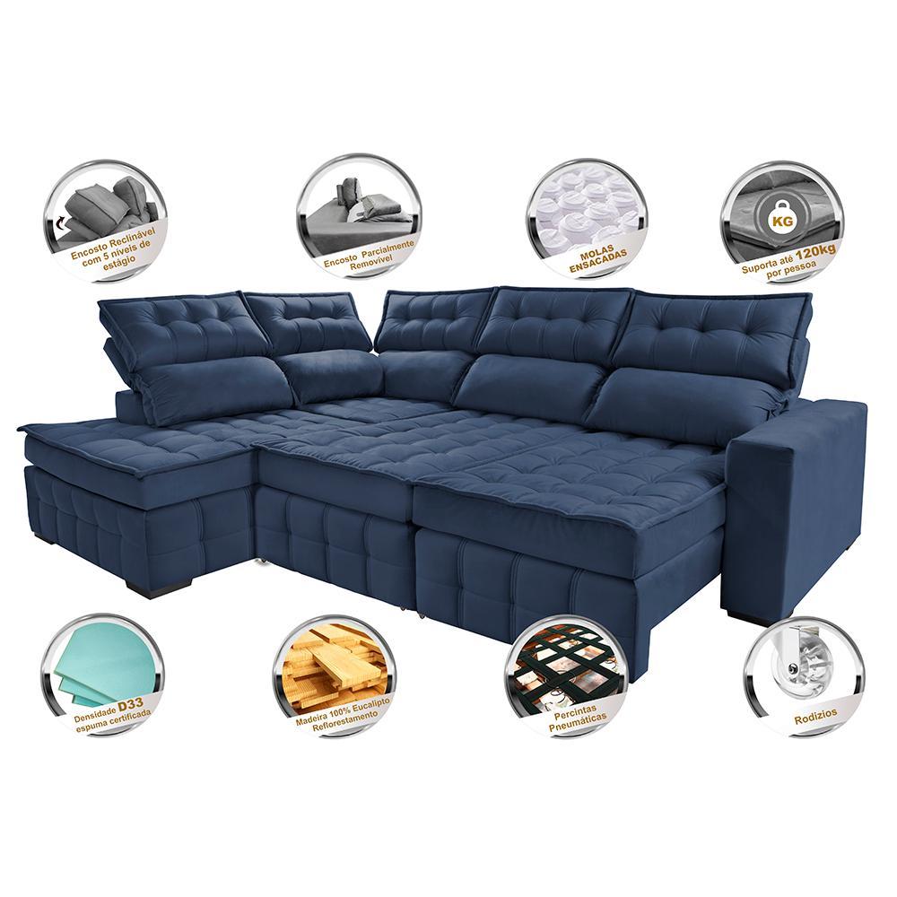 Sofá de Canto Esquerdo 2,65x2,30m Retrátil e Reclinável com Molas Ensacadas Cama inBox Nobre Azul - 3