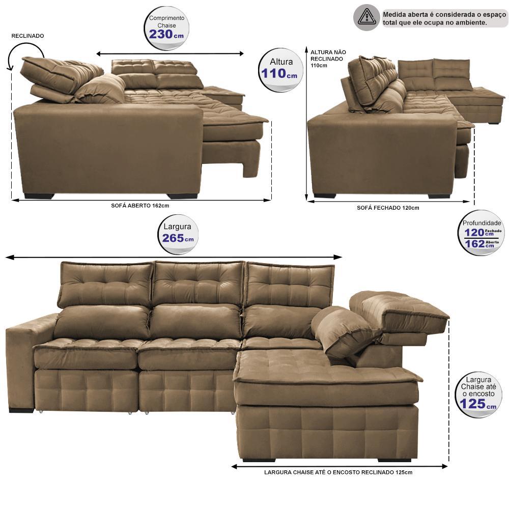 Sofá de Canto Direito 2,65x2,30m Retrátil e Reclinável com Molas Ensacadas Cama inBox Nobre Castor - 3