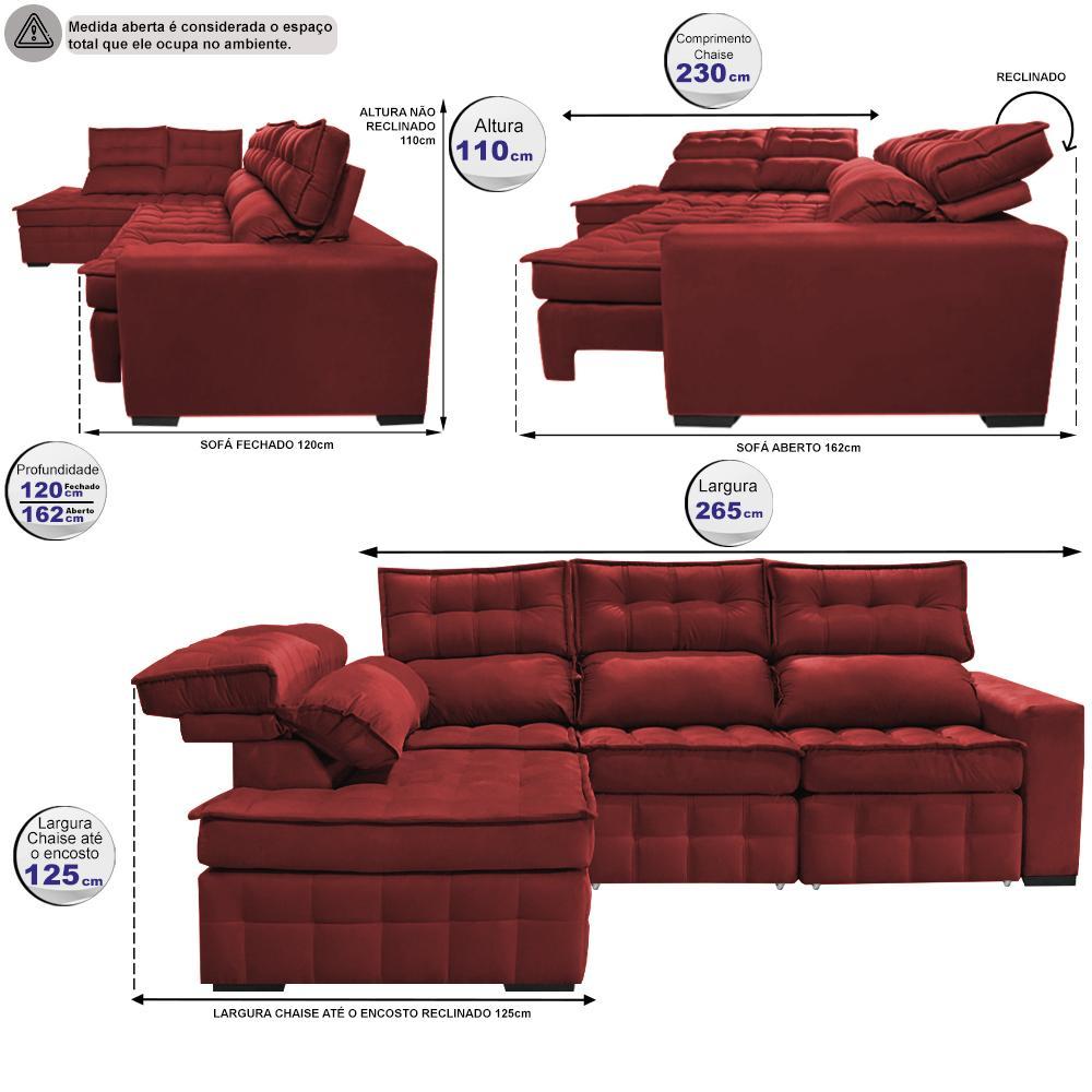 Sofá de Canto Esquerdo 2,65x2,30m Retrátil e Reclinável com Molas Ensacada Cama inBox Nobre Vermelho - 3