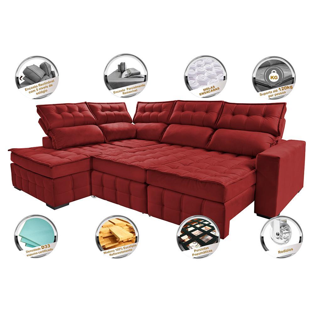 Sofá de Canto Esquerdo 2,65x2,30m Retrátil e Reclinável com Molas Ensacada Cama inBox Nobre Vermelho - 5