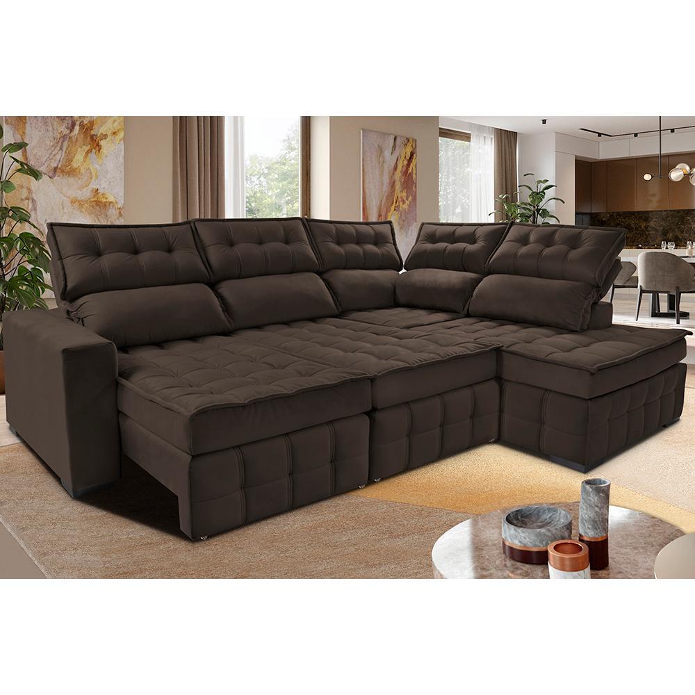 Sofá de Canto Direito 2,65x2,30m Retrátil e Reclinável com Molas Ensacadas Cama inBox Nobre Café - 1