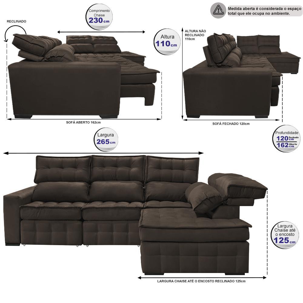 Sofá de Canto Direito 2,65x2,30m Retrátil e Reclinável com Molas Ensacadas Cama inBox Nobre Café - 2