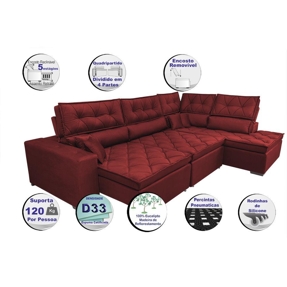 Sofá de Canto Retrátil e Reclinável com Molas Cama inBox Platinum 3,00x2,36 Tecido Suede Vermelho - 4