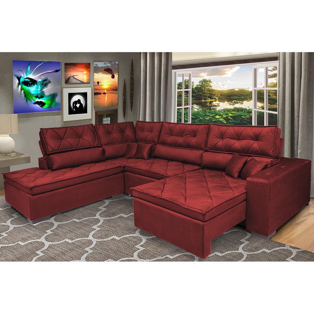 Sofá de Canto Retrátil e Reclinável com Molas Cama inBox Platinum Esquerdo 3,00x2,36 Suede Vermelho - 1