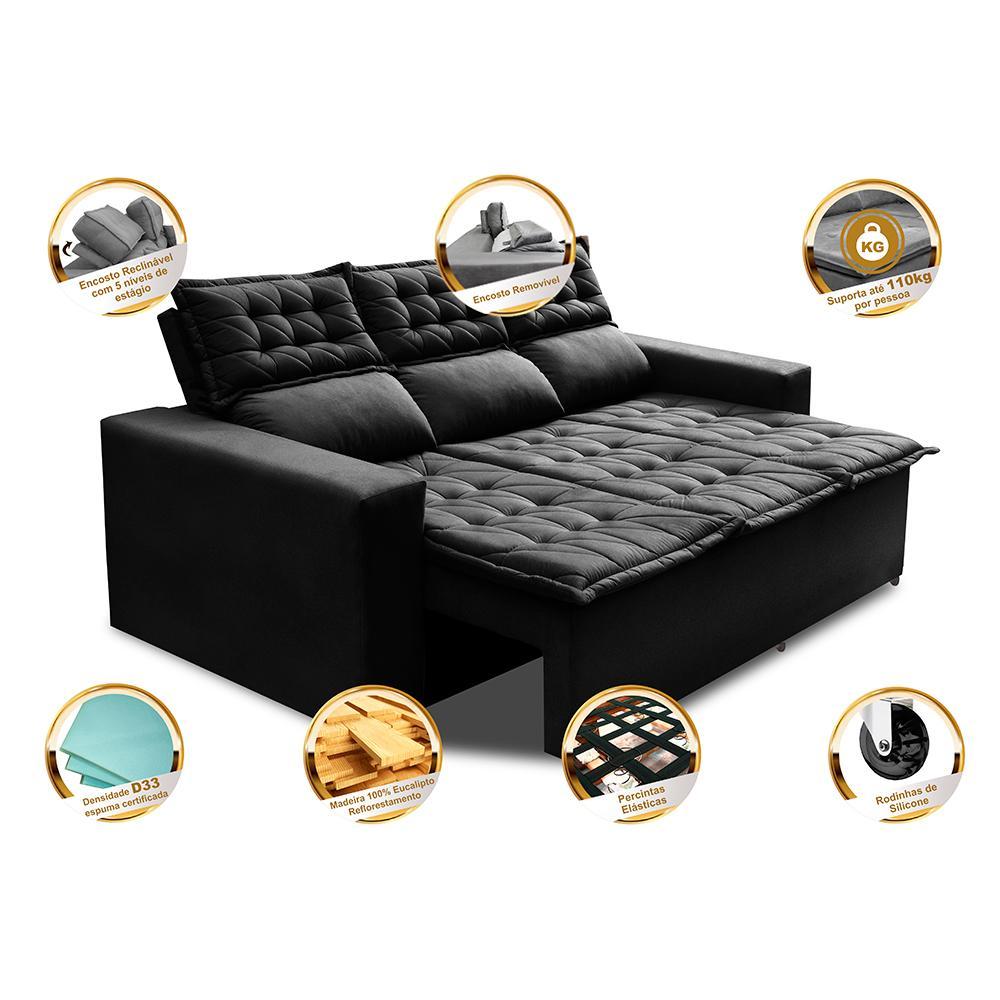Sofá 3 Lugares Retrátil e Reclinável Cama inBox Slim 2,00m Velusoft Preto - 3