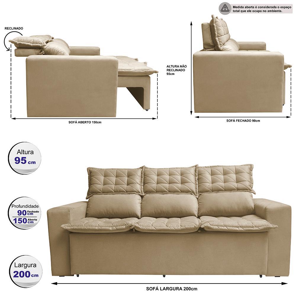Sofá 3 Lugares Retrátil e Reclinável Cama inBox Slim 2,00m Velusoft Bege - 2