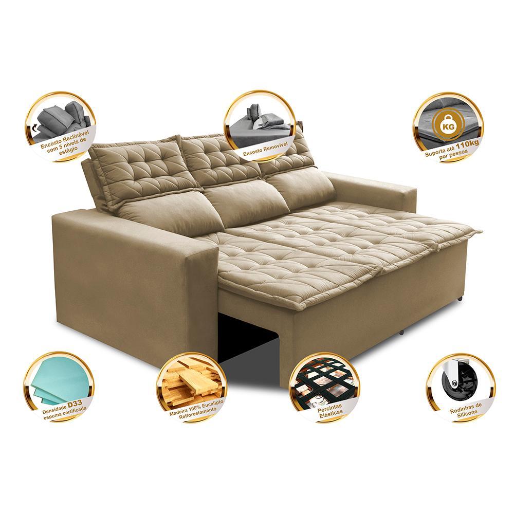 Sofá 3 Lugares Retrátil e Reclinável Cama inBox Slim 2,00m Velusoft Bege - 3