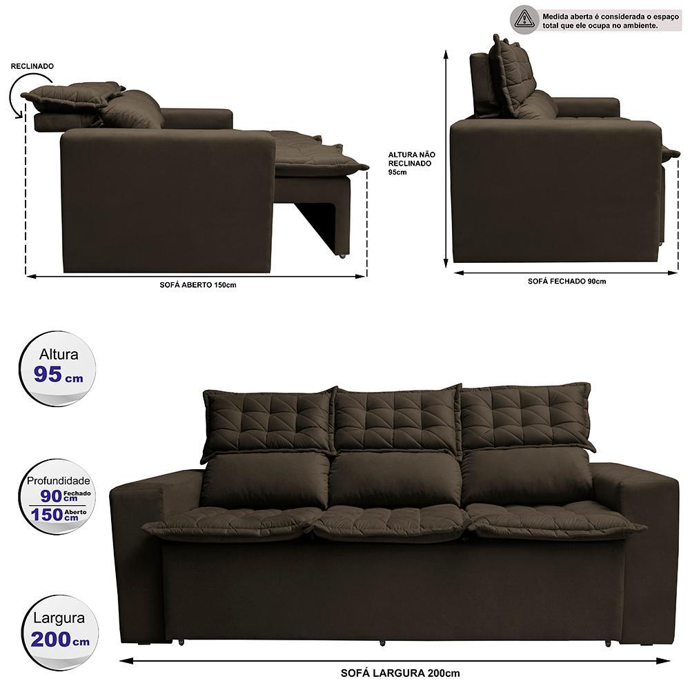 Sofá 3 Lugares Retrátil e Reclinável Cama inBox Slim 2,00m Velusoft Café - 2