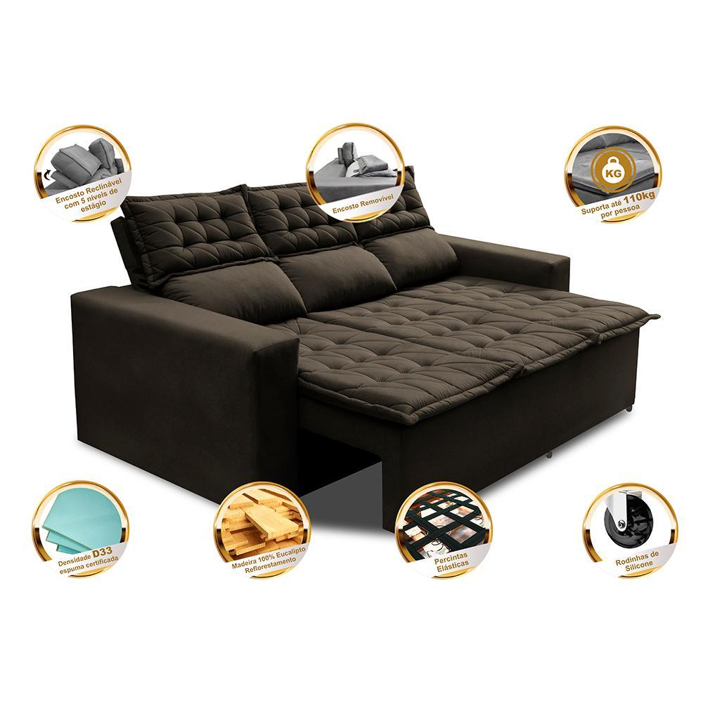 Sofá 3 Lugares Retrátil e Reclinável Cama inBox Slim 2,00m Velusoft Café - 3