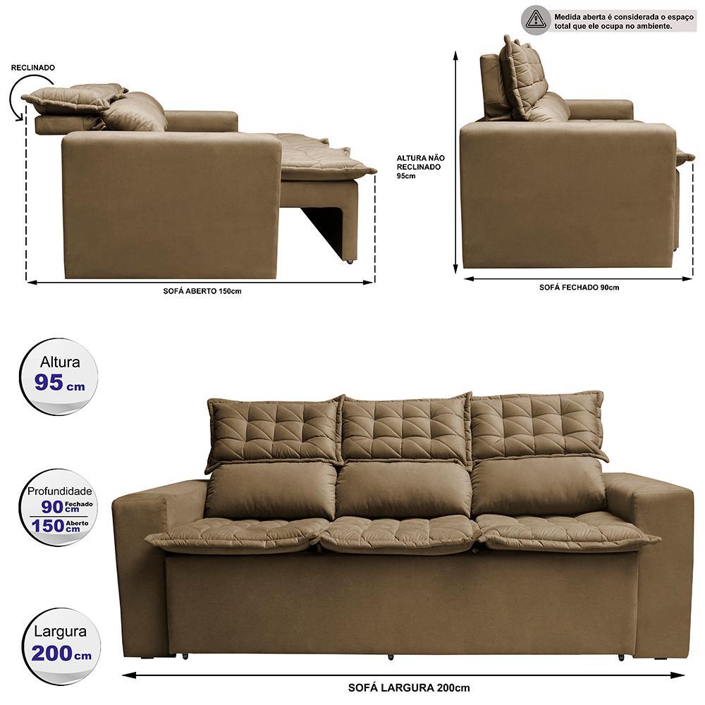 Sofá 3 Lugares Retrátil e Reclinável Cama inBox Slim 2,00m Velusoft Castor - 2