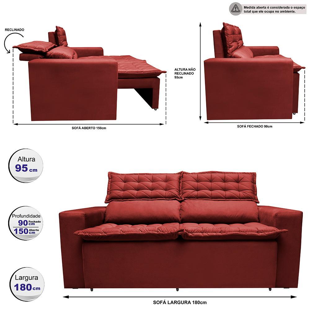 Sofá 3 Lugares Retrátil e Reclinável Cama inBox Slim 1,80m Velusoft Vermelho - 3