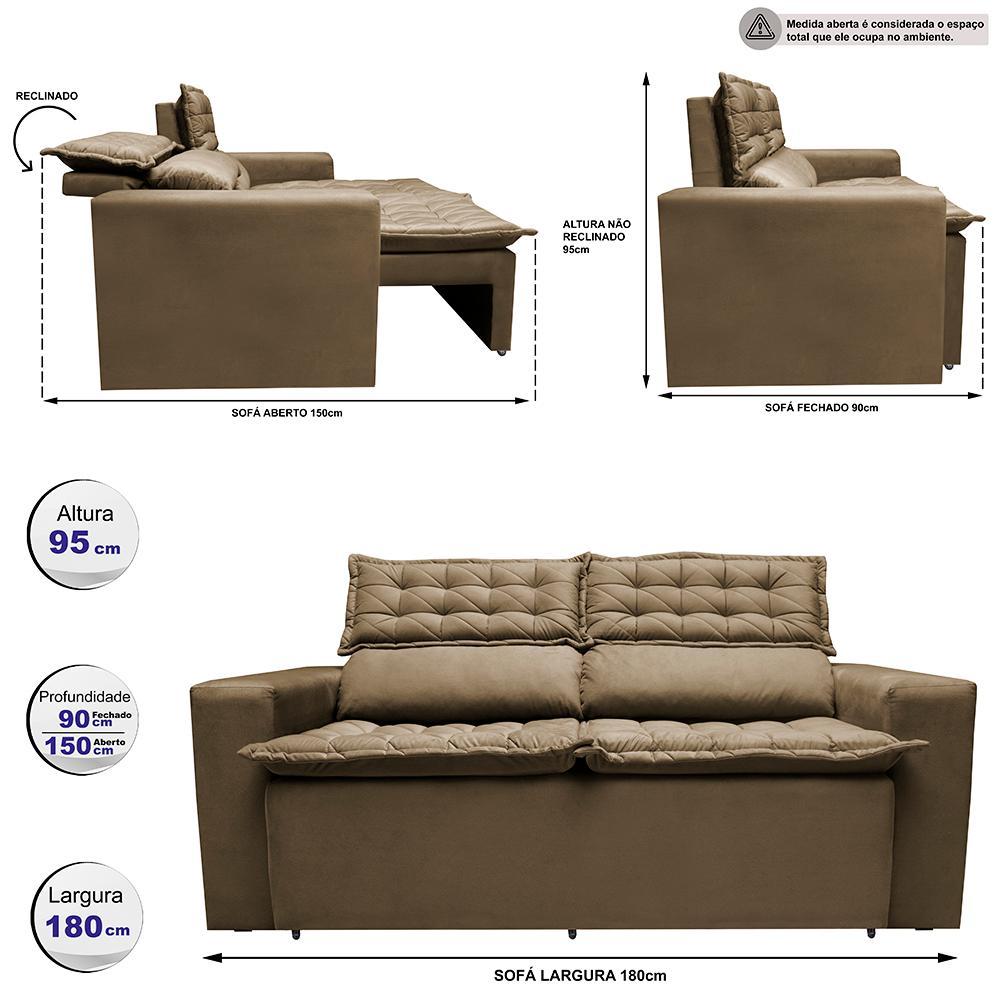 Sofá 3 Lugares Retrátil e Reclinável Cama inBox Slim 1,80m Velusoft Castor - 3
