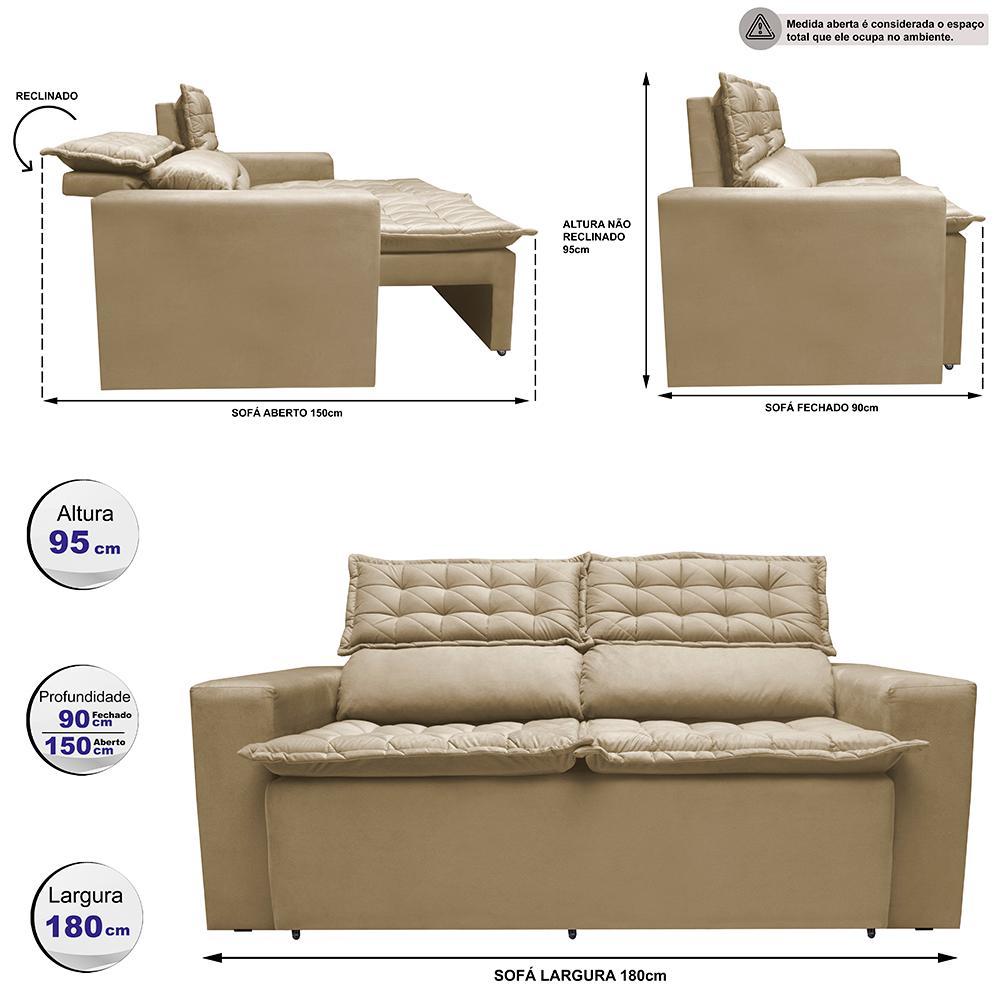 Sofá 3 Lugares Retrátil e Reclinável Cama inBox Slim 1,80m Velusoft Bege - 3