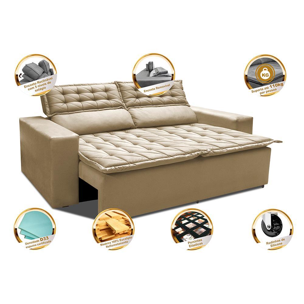 Sofá 3 Lugares Retrátil e Reclinável Cama inBox Slim 1,80m Velusoft Bege - 4