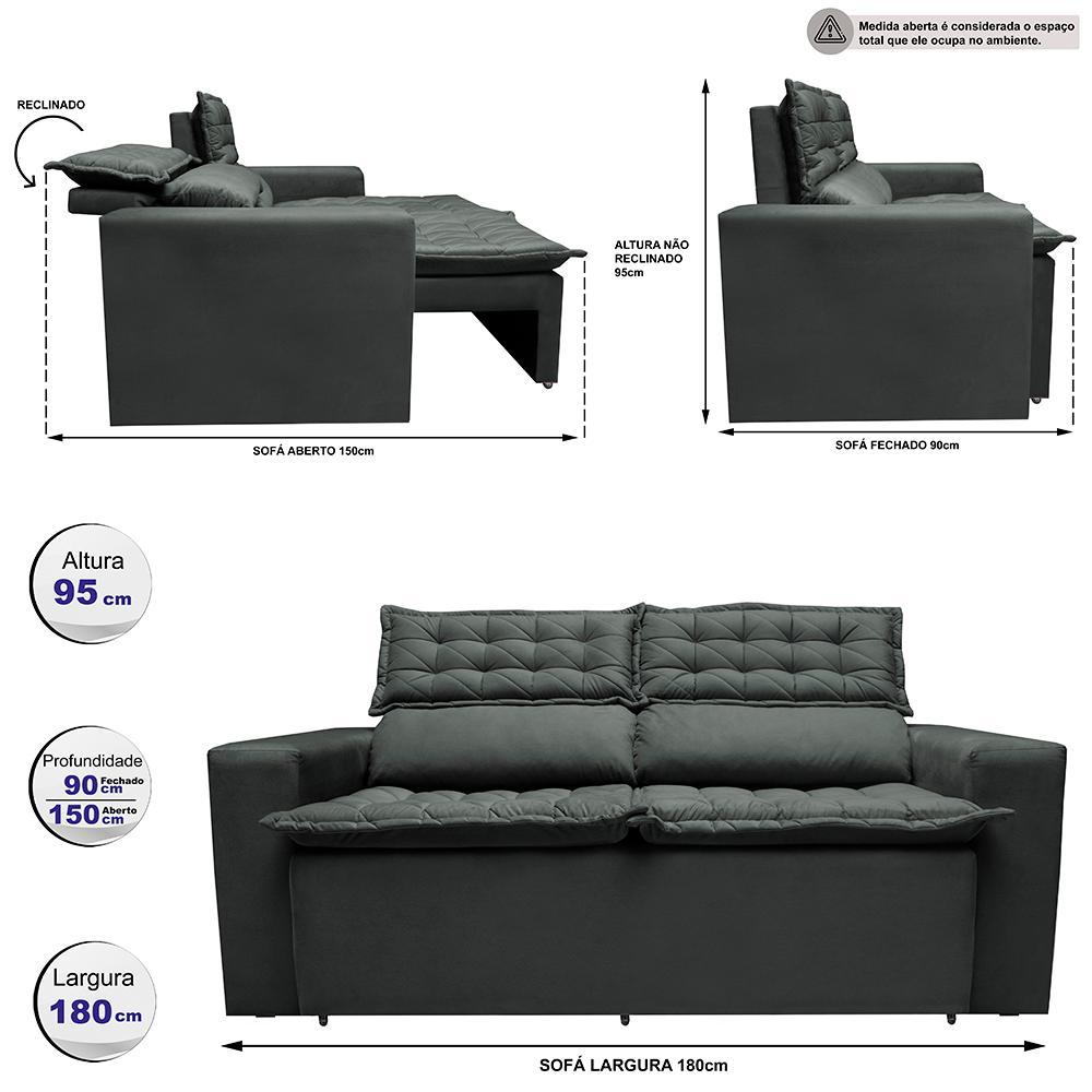 Sofá 3 Lugares Retrátil e Reclinável Cama inBox Slim 1,80m Velusoft Cinza - 3