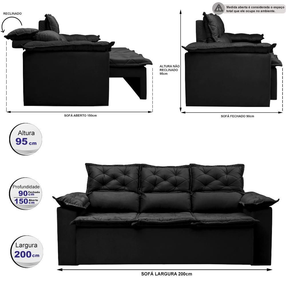 Sofá 3 Lugares Retrátil e Reclinável Cama inBox Compact 2,00m Velusoft Preto - 2