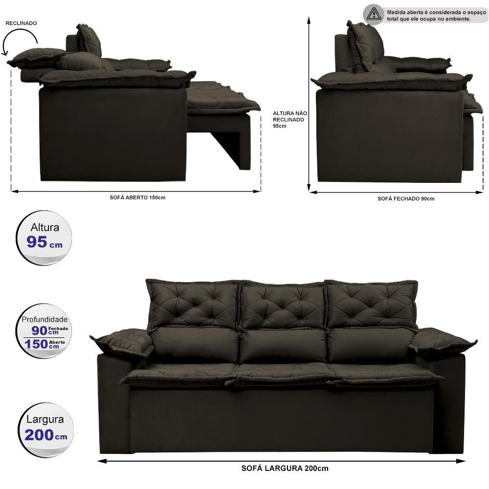 Sofá 3 Lugares Retrátil e Reclinável Cama inBox Compact 2,00m Velusoft Café - 2
