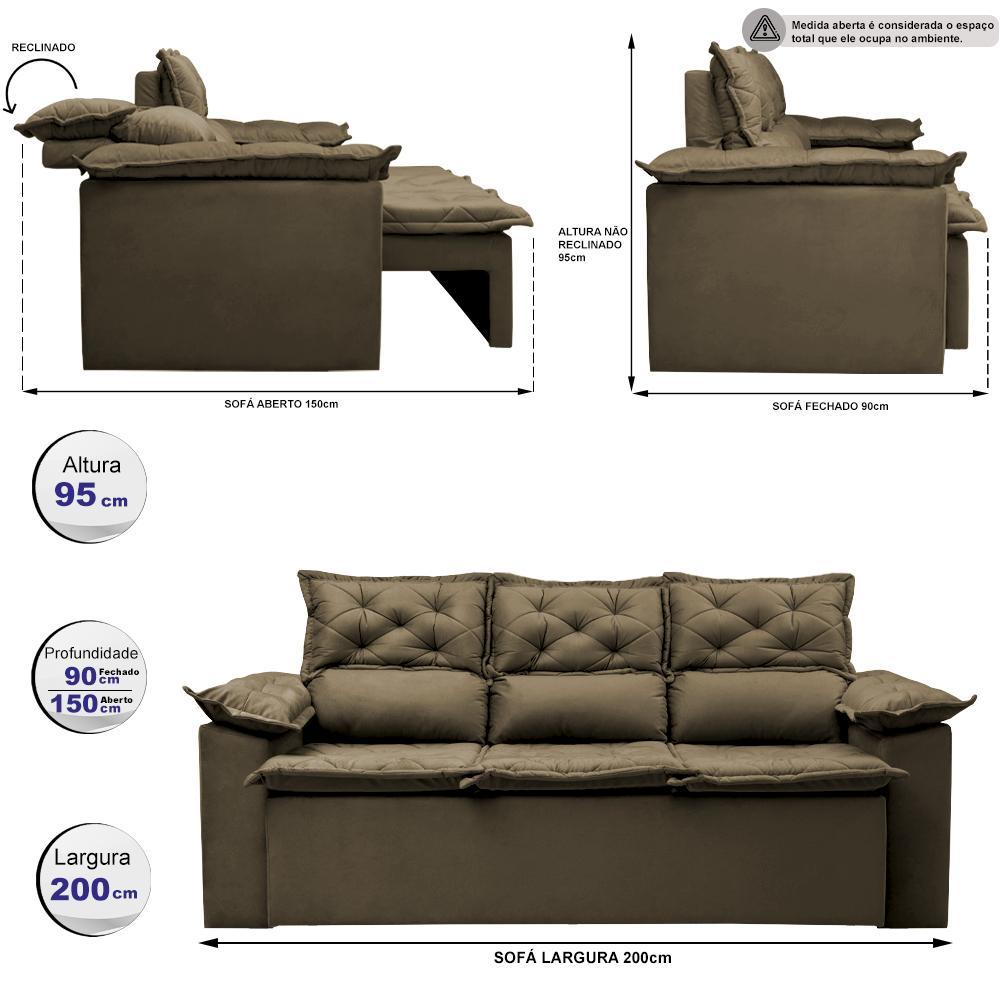 Sofá 3 Lugares Retrátil e Reclinável Cama inBox Compact 2,00m Velusoft Castor - 2